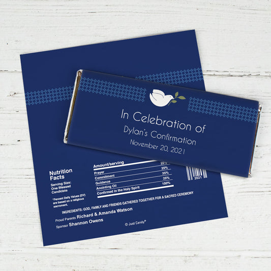 Confirmation Personalized Chocolate Bar Wrappers Peace Dove Navy Blue