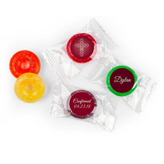 Confirmation Personalized LifeSavers 5 Flavor Hard Candy White Cross on Crimson Red (300 Pack)