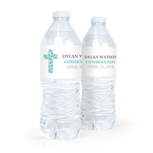 Personalized Confirmation Round Stone Cross Water Bottle Sticker Labels (5 Labels)