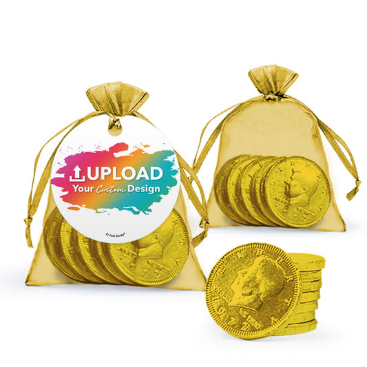 Custom Add Your Artwork Chocolate Coins in Organza Bag with Gift Tag