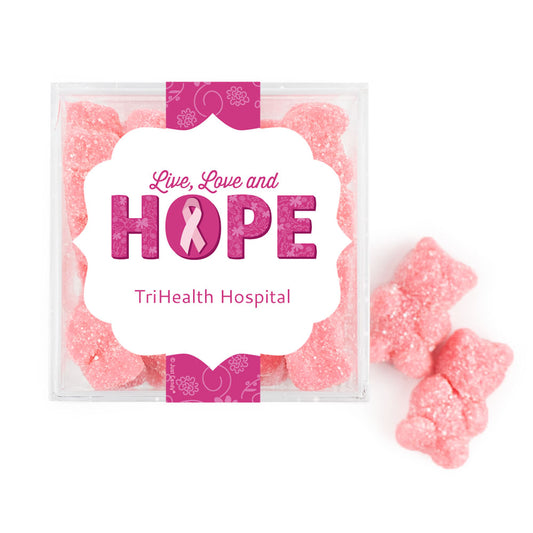 Personalized Breast Cancer Awareness Live Love Hope JUST CANDY� favor cube with Gummy Bears