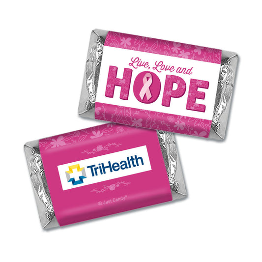 Personalized Breast Cancer Awareness Live Love Hope 11oz Mug with approx. 24 Add Your Logo Hershey's Miniatures