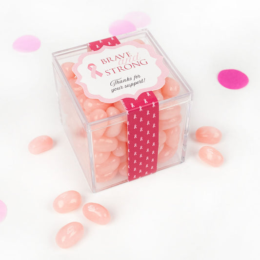 Personalized Breast Cancer Awareness Brave and Strong JUST CANDY� favor cube with Jelly Belly Jelly Beans