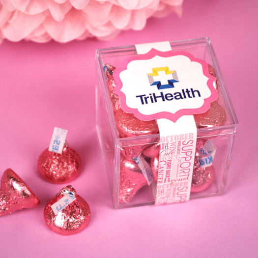 Personalized Breast Cancer Awareness JUST CANDY� favor cube with Hershey's Kisses