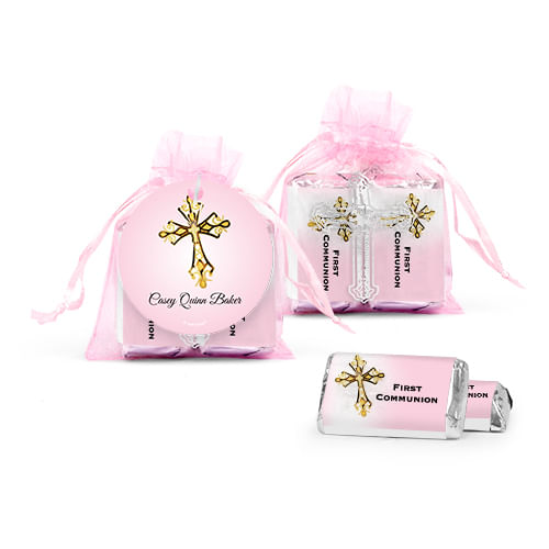 Personalized Communion Gold Cross Cross Organza Bag with Hershey's Miniatures