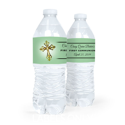 Personalized Communion Gold Cross Water Bottle Sticker Labels (5 Labels)