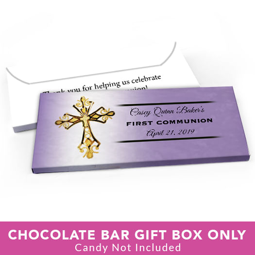 Deluxe Personalized First Communion Gold Cross Candy Bar Favor Box