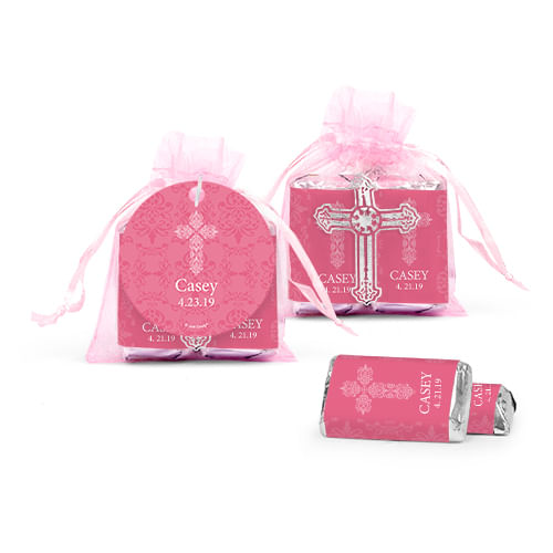 Personalized Communion Elegant Cross Cross Organza Bag with Hershey's Miniatures