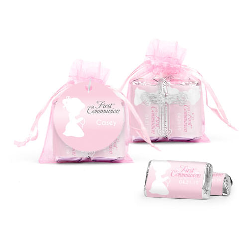 Personalized Communion Child in Prayer Cross Organza Bag with Hershey's Miniatures