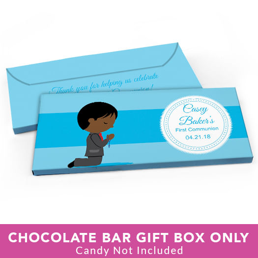 Deluxe Personalized First Communion Little Boy in Prayer Candy Bar Favor Box