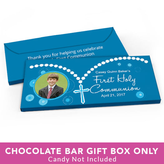 Deluxe Personalized First Communion Roserary Photo Candy Bar Favor Box