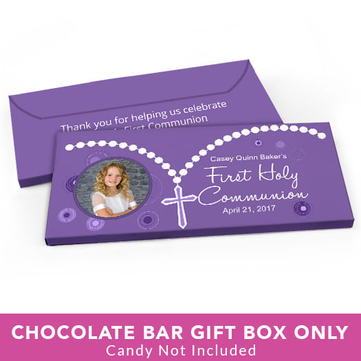 Deluxe Personalized First Communion Roserary Photo Candy Bar Favor Box