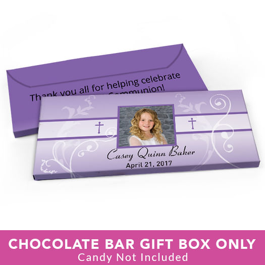 Deluxe Personalized First Communion Photo, Cross & Scroll Candy Bar Favor Box