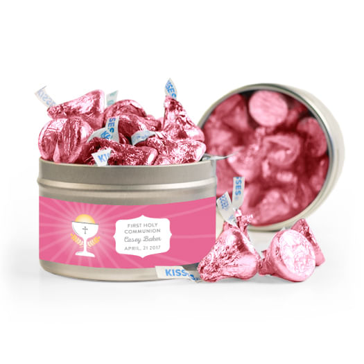 Personalized First Communion Pink Chalice & Holy Host 8oz Tin with Label