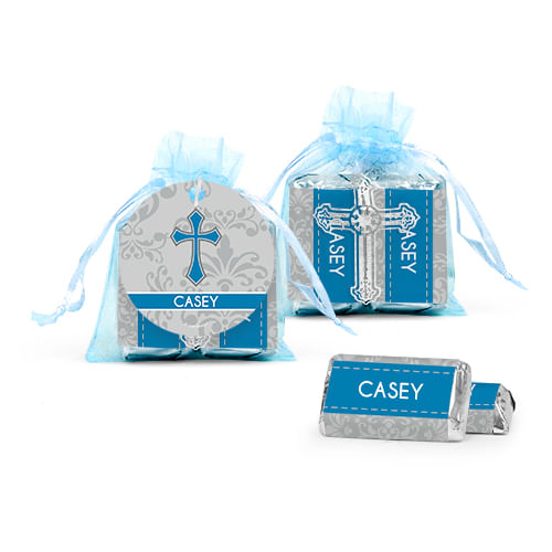 Personalized Communion Fluer Di Lis Cross Cross Organza Bag with Hershey's Miniatures