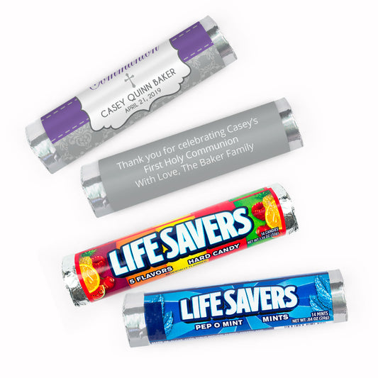 Personalized Communion Fluer Di Lis Cross Lifesavers Rolls (20 Rolls)