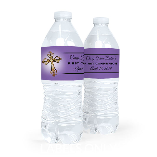 Personalized Communion Gold Cross Water Bottle Sticker Labels (5 Labels)