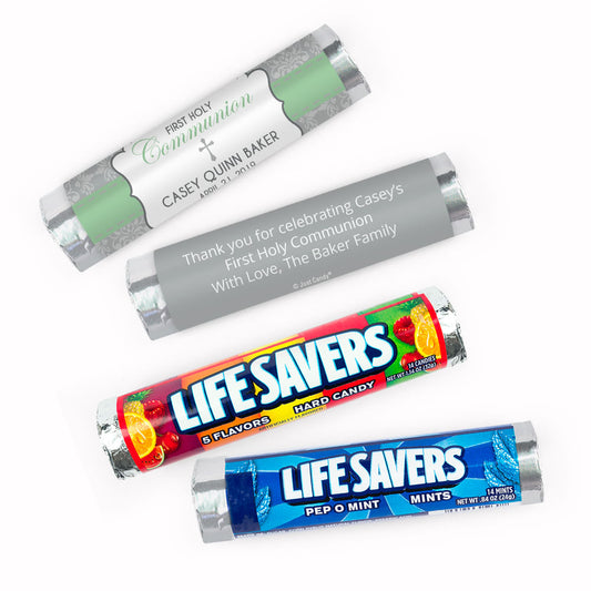 Personalized Communion Fluer Di Lis Cross Lifesavers Rolls (20 Rolls)