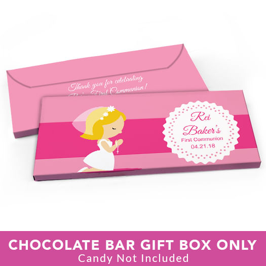 Deluxe Personalized First Communion Little Girl in Prayer Candy Bar Favor Box