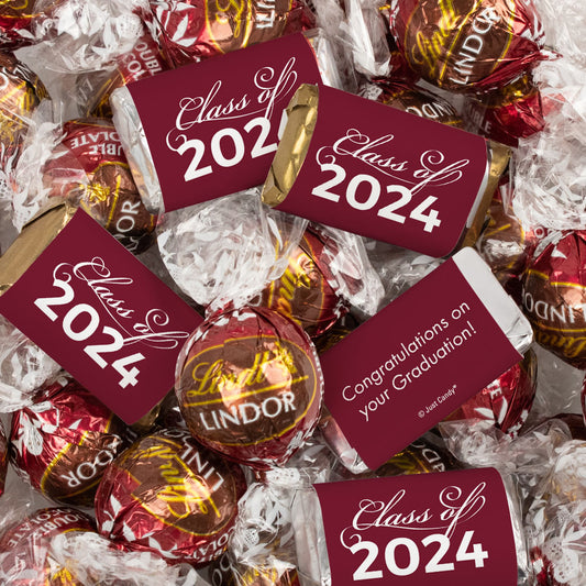 Maroon Graduation Chocolate Mix - Hershey's Miniatures and Lindor Truffles - 77 Pieces