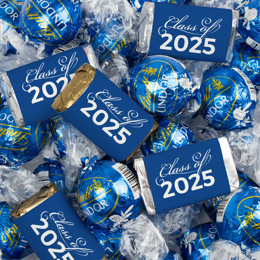 Blue Graduation Chocolate Mix - Hershey's Miniatures and Lindor Truffles - 77 Pieces