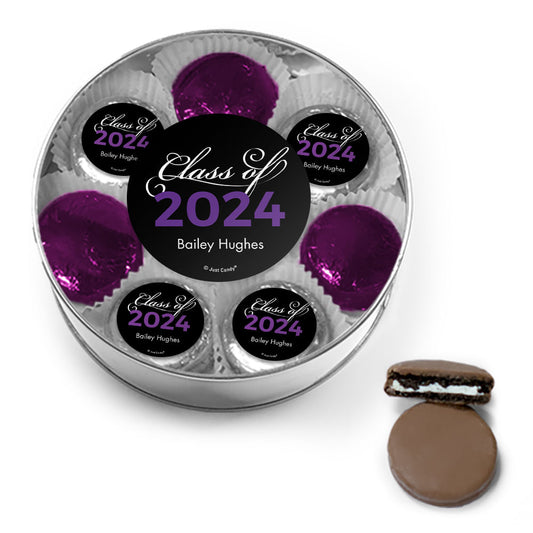 Personalized Graduation Script Chocolate Covered Oreo Cookies XL Silver Plastic Tin