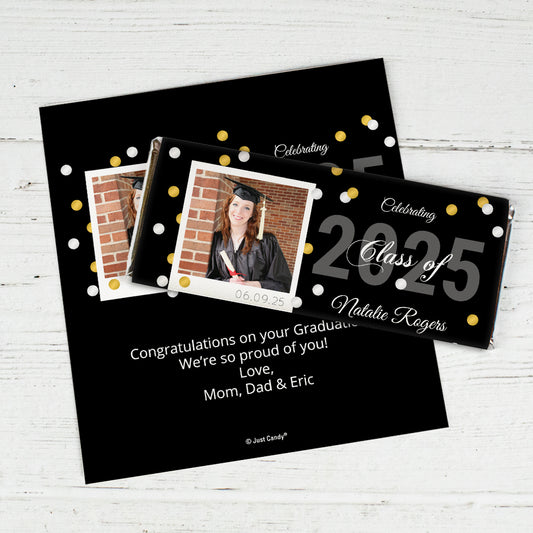 Black Graduation Personalized Chocolate Bar Wrappers Polaroid Photo Confetti