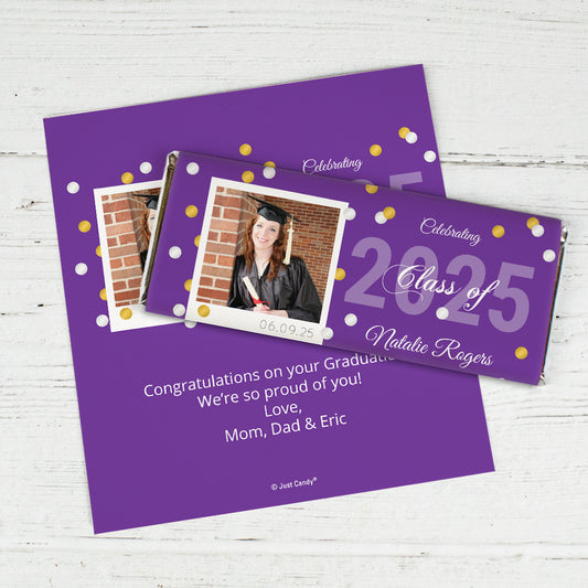 Purple Graduation Personalized Chocolate Bar Wrappers Polaroid Photo Confetti