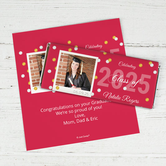 Red Graduation Personalized Chocolate Bar Wrappers Polaroid Photo Confetti