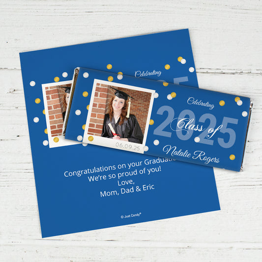 Blue Graduation Personalized Chocolate Bar Wrappers Polaroid Photo Confetti