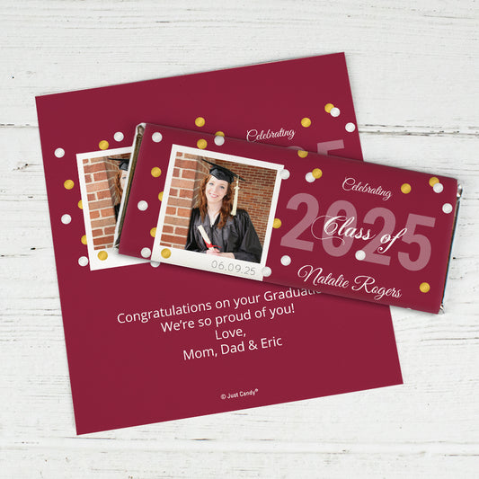 Maroon Graduation Personalized Chocolate Bar Wrappers Polaroid Photo Confetti