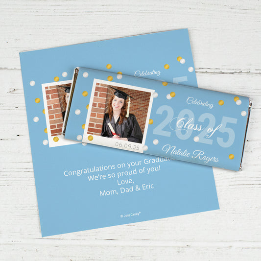 Light Blue Graduation Personalized Chocolate Bar Wrappers Polaroid Photo Confetti