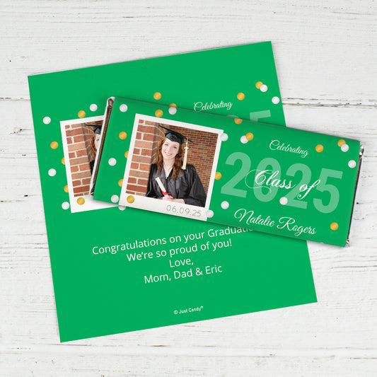 Green Graduation Personalized Chocolate Bar Wrappers Polaroid Photo Confetti