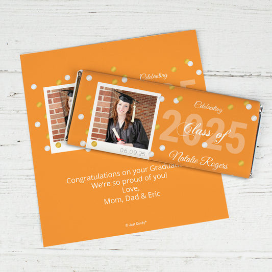 Orange Graduation Personalized Chocolate Bar Wrappers Polaroid Photo Confetti