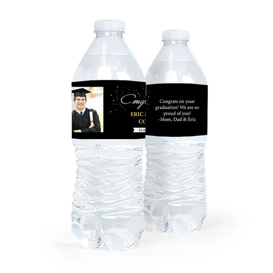 Personalized Black Graduation Confetti Photo Water Bottle Sticker Labels (5 Labels)