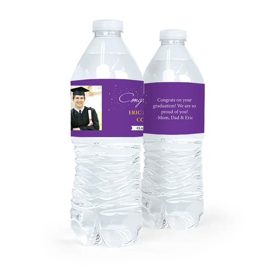 Personalized Purple Graduation Confetti Photo Water Bottle Sticker Labels (5 Labels)