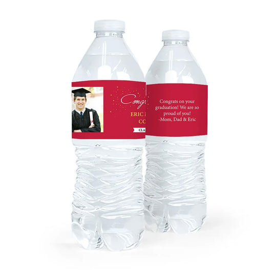 Personalized Red Graduation Confetti Photo Water Bottle Sticker Labels (5 Labels)