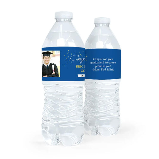 Personalized Blue Graduation Confetti Photo Water Bottle Sticker Labels (5 Labels)