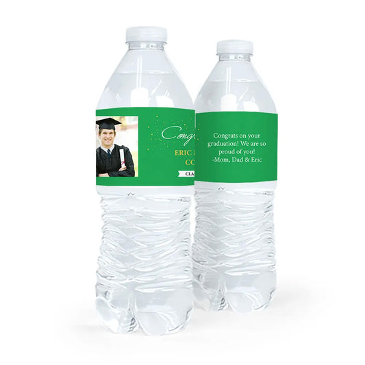 Personalized Green Graduation Confetti Photo Water Bottle Sticker Labels (5 Labels)