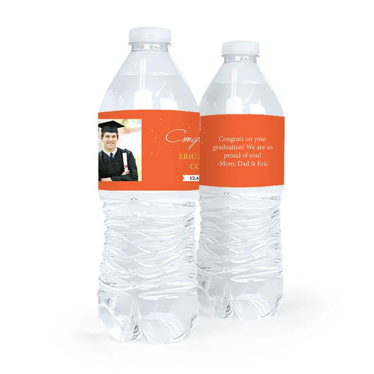 Personalized Orange Graduation Confetti Photo Water Bottle Sticker Labels (5 Labels)