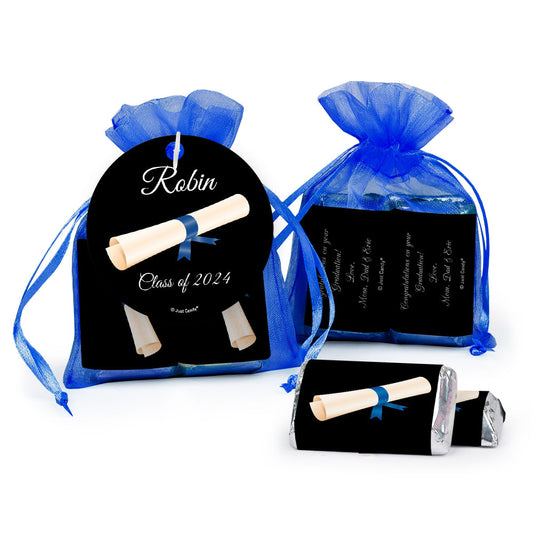 Personalized Graduation Blue Diploma Hershey's Miniatures in XS Organza Bags with Gift Tag