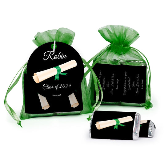 Personalized Graduation Green Diploma Hershey's Miniatures in XS Organza Bags with Gift Tag