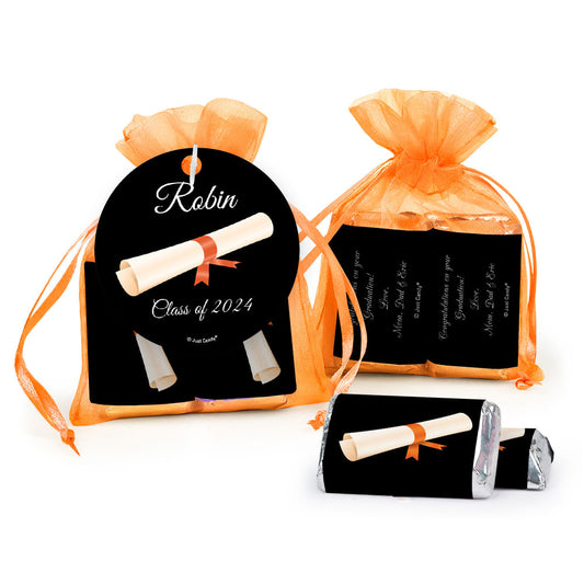 Personalized Graduation Orange Diploma Hershey's Miniatures in XS Organza Bags with Gift Tag