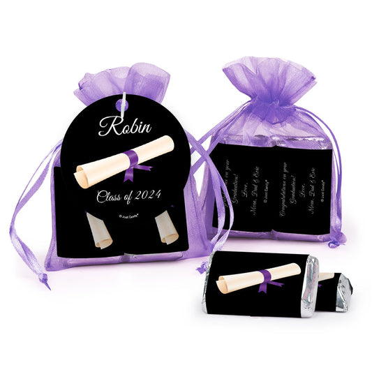 Personalized Graduation Purple Diploma Hershey's Miniatures in XS Organza Bags with Gift Tag