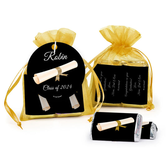 Personalized Graduation Yellow Diploma Hershey's Miniatures in XS Organza Bags with Gift Tag