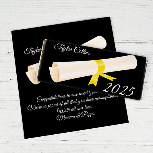 Yellow Graduation Personalized Chocolate Bar Wrappers Diploma