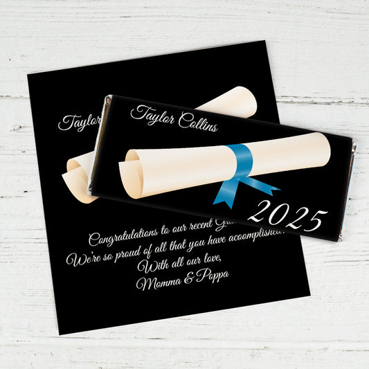 Blue Graduation Personalized Chocolate Bar Wrappers Diploma