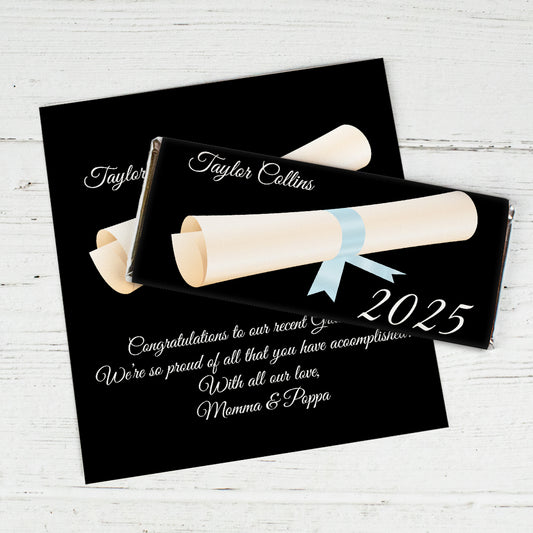 Light Blue Graduation Personalized Chocolate Bar Wrappers Diploma