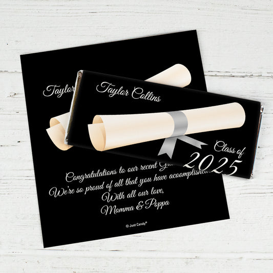 Silver Graduation Personalized Chocolate Bar Wrappers Diploma