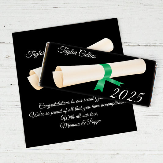 Green Graduation Personalized Chocolate Bar Wrappers Diploma